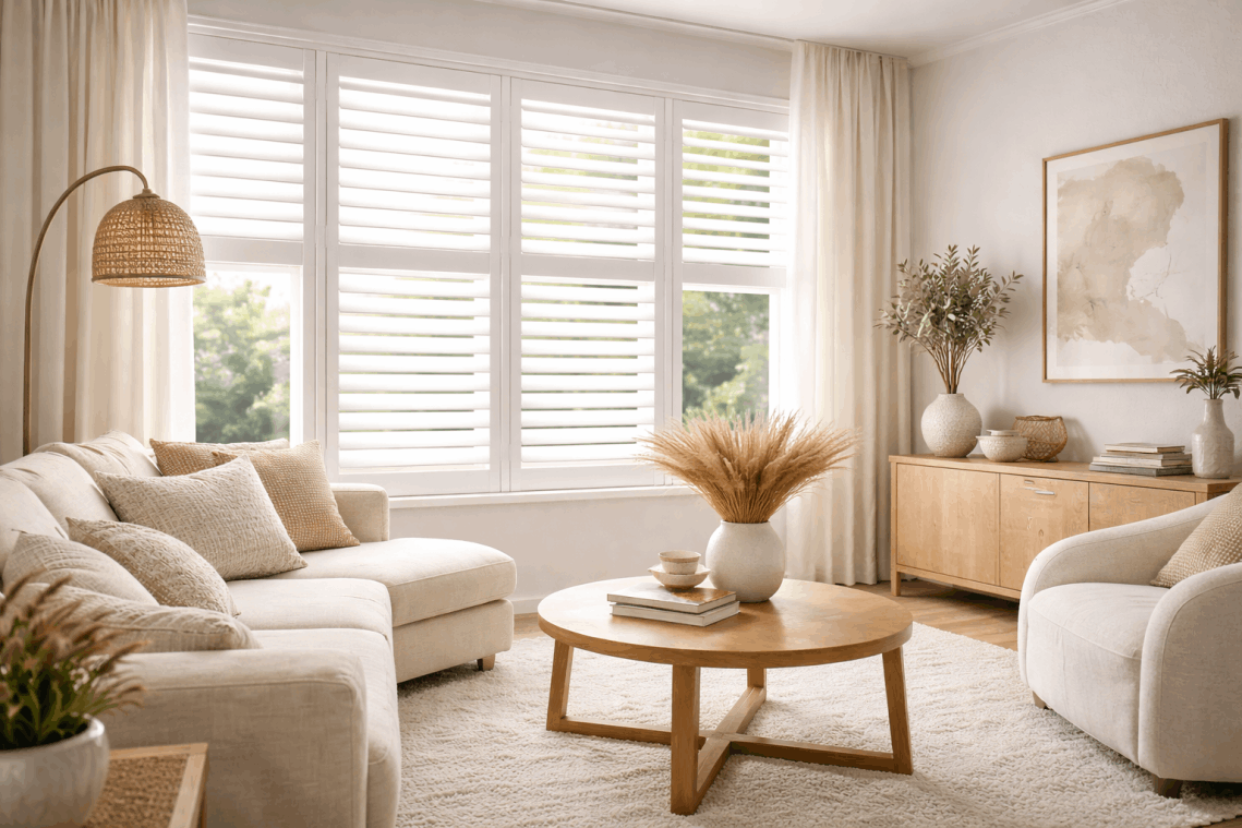 hite plantation shutters installed on large living room windows