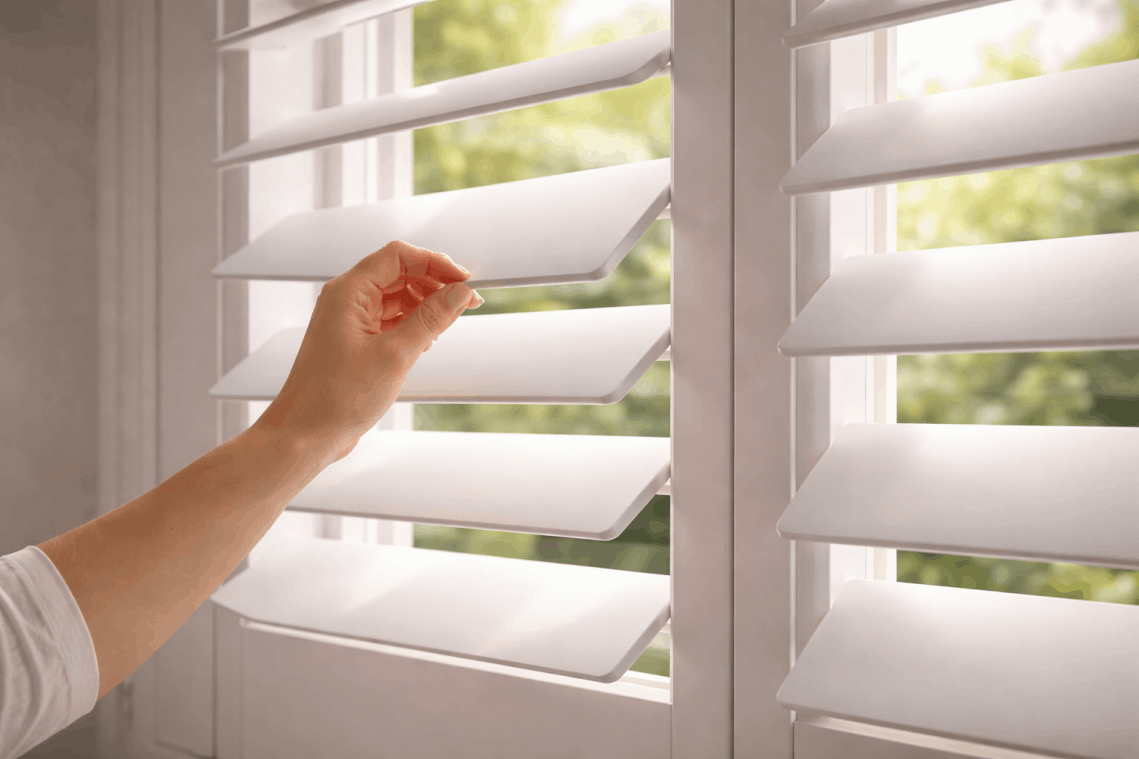 Close-up of hand touching solid interior shutters demonstrating insulation and material quality