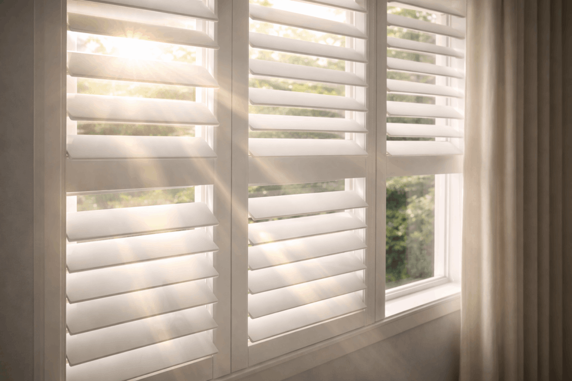 Close-up of interior shutters with sunlight filtering through adjustable louvres
