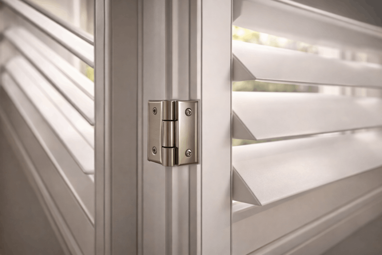 Close-up detail of shutter hinge and panel craftsmanship showing quality construction