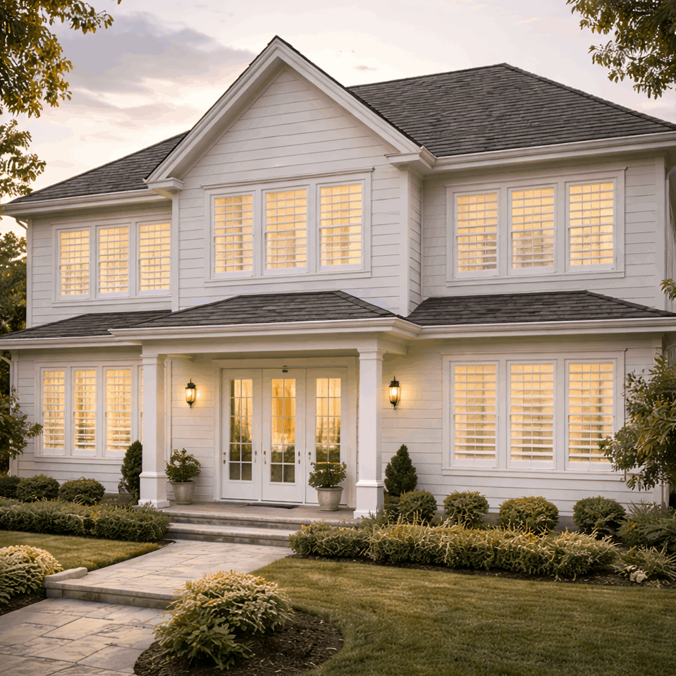 Front view of a family home with interior shutters visible through the windows