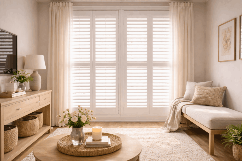 Full height shutters in living room improving thermal comfort and privacy