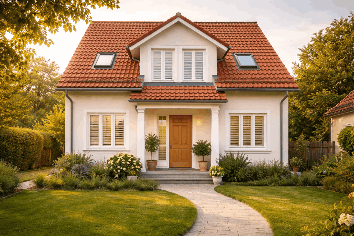 Front view of family home with interior shutters to improve thermal comfort