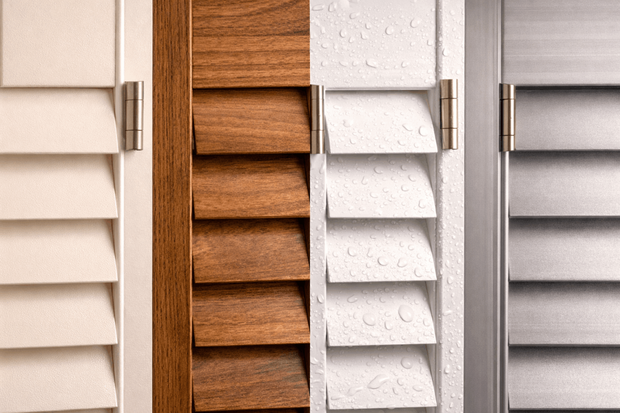 Interior shutters in different materials showing wood, MDF, composite and aluminium
