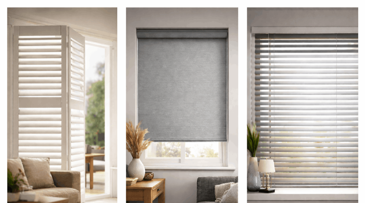 Comparison of shutters, blinds and curtains installed on windows in modern interior