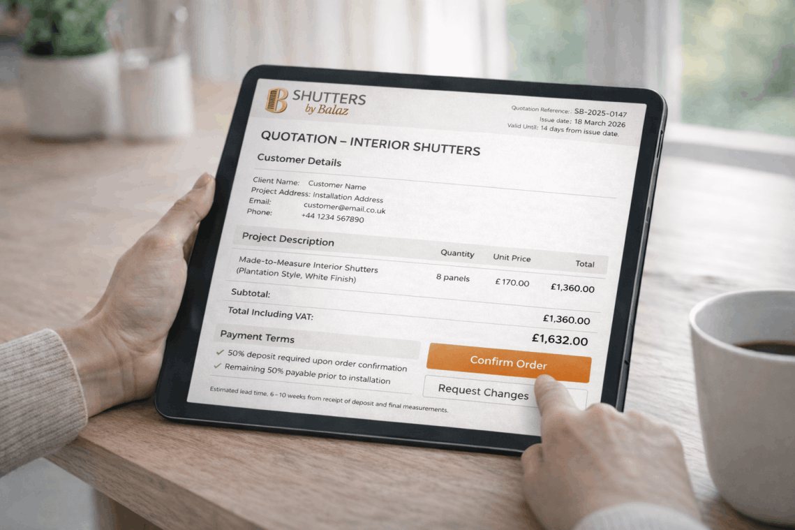 Digital quotation for made-to-measure interior shutters displayed on a tablet screen