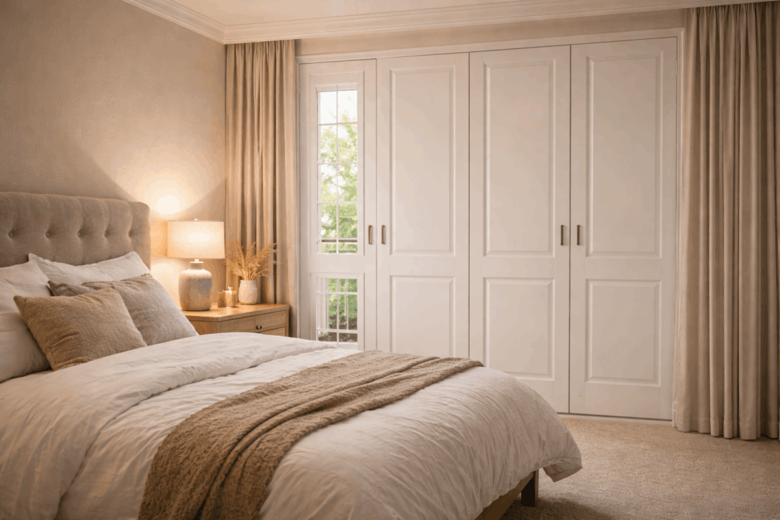 Solid panel full height shutters installed in bedroom for comfort and temperature control