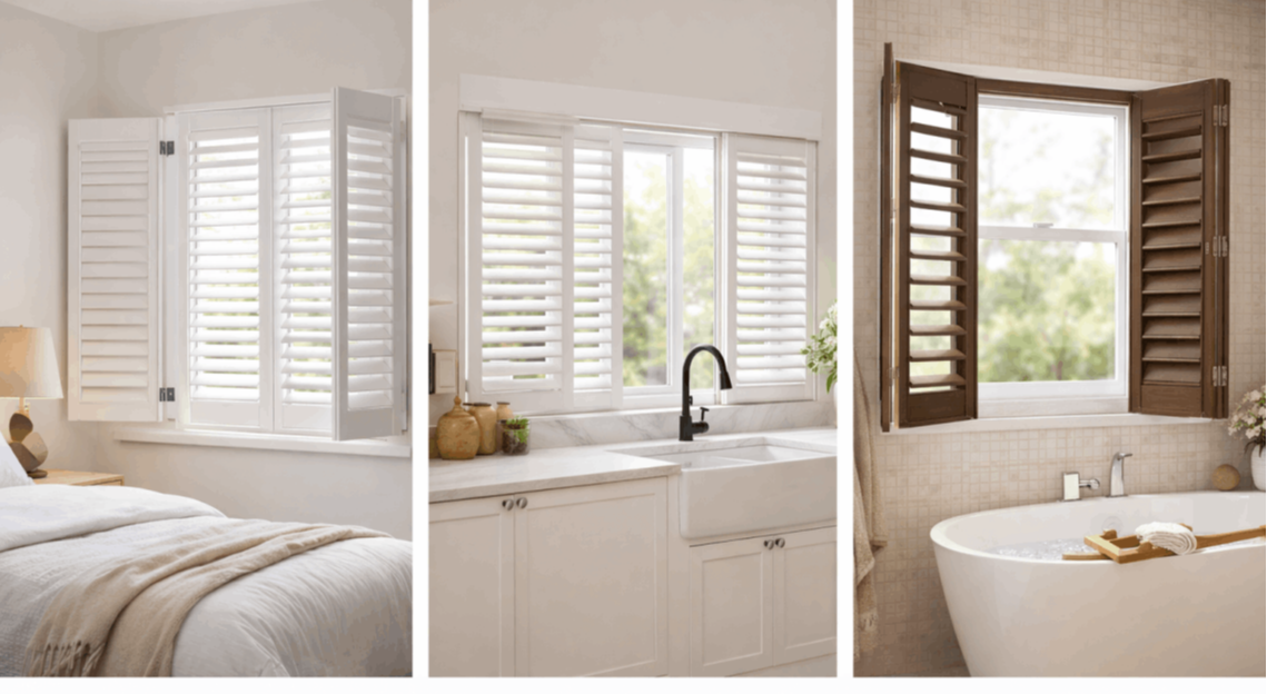 Interior shutters installed in living room, bedroom and bathroom