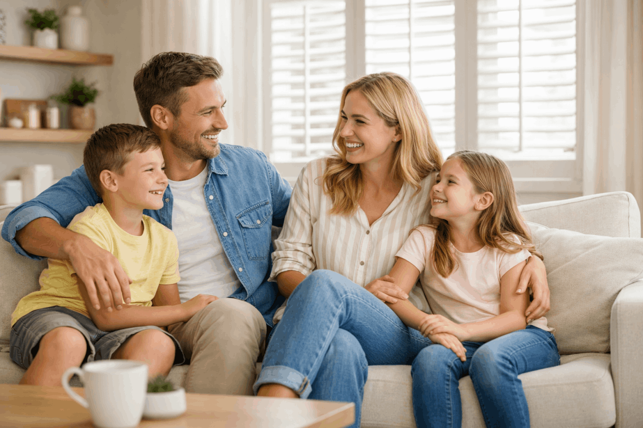 Family enjoying a bright living room with plantation shutters installed
